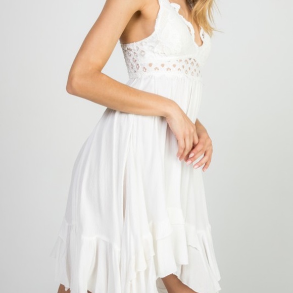 Boho White Crochet Asymmetrical Hem Strappy Dress - Picture 8 of 9